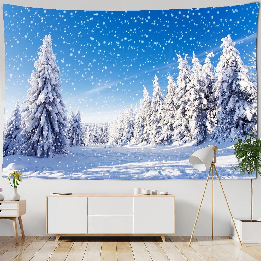 Christmas forest snow scene home decoration tapestry psychedelic scene bohemian wall hanging bedroom room art wall b